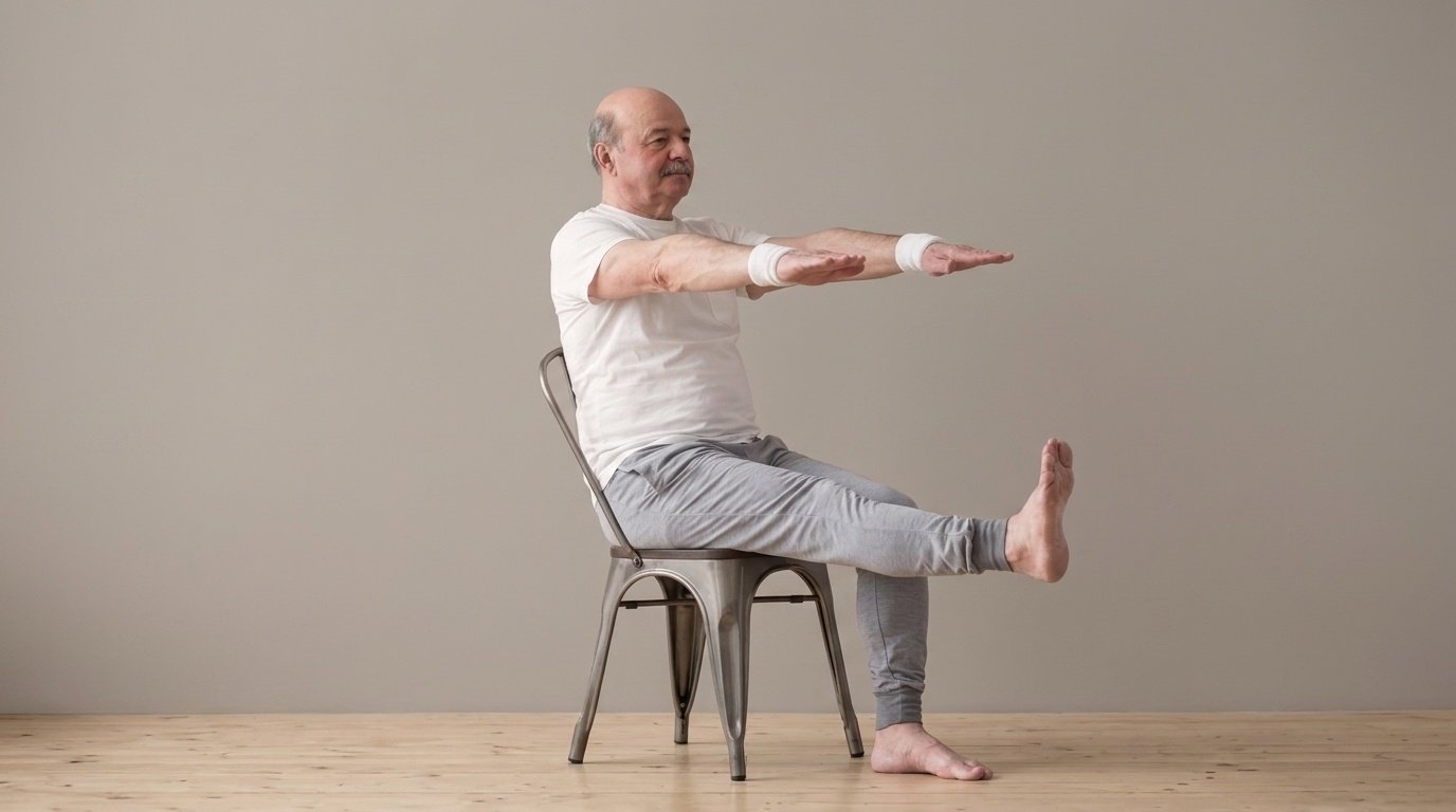 Smiling senior man doing a seated chair leg lift with arms extended during a home workout.