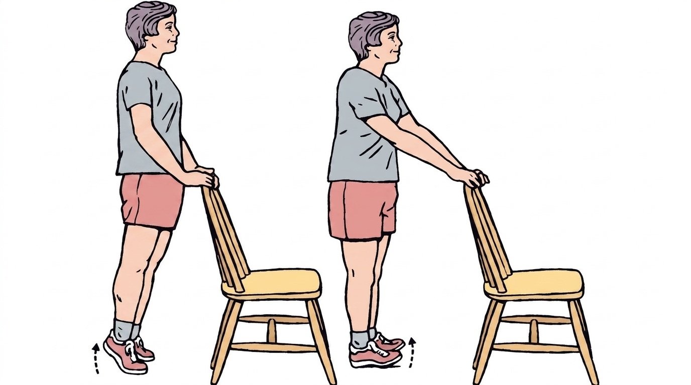 Illustration of a person doing toe raises while holding a chair back for balance support.