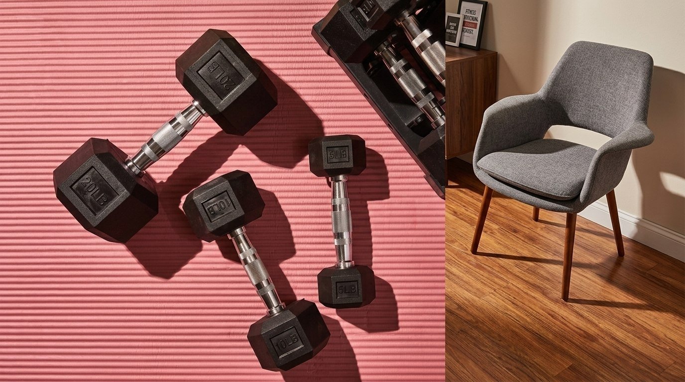 Black dumbbells in different weights on a pink surface beside a gray chair on the wood floor.
