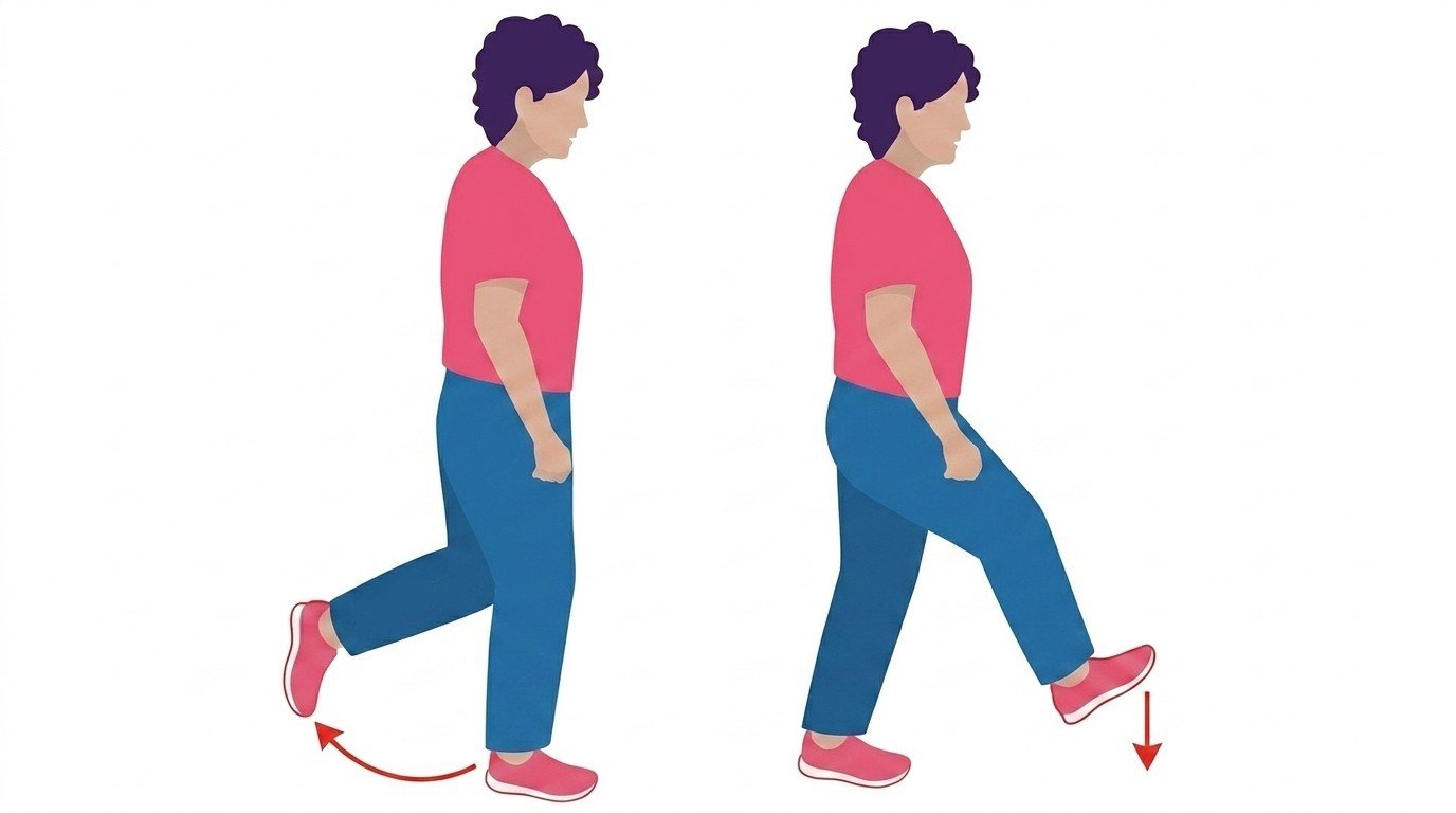 Illustration of a woman practicing heel-to-toe walking for balance training.