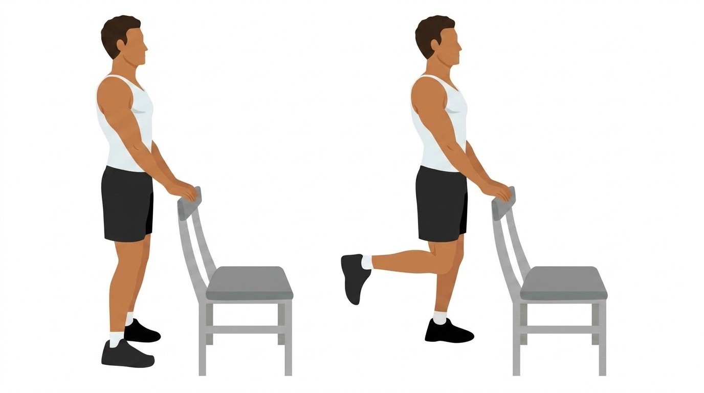 Illustration of a man performing standing hamstring curls with a chair for balance.