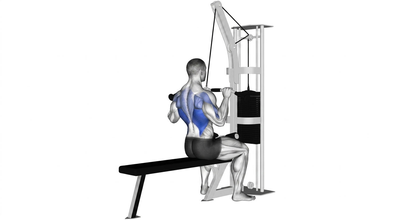 Anatomical illustration of a lat pulldown highlighting lats and upper back muscles in blue.
