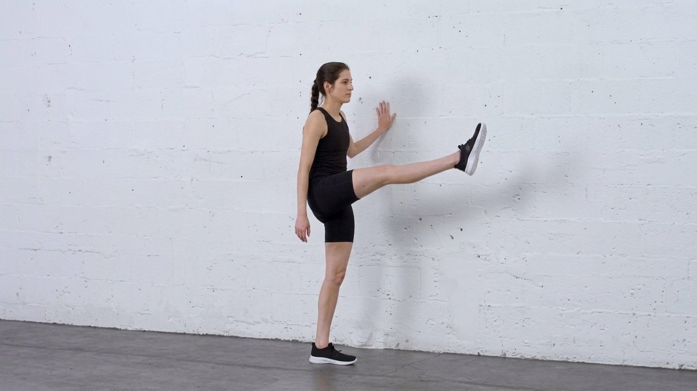Woman in black workout clothes doing a leg swing against a white brick wall.