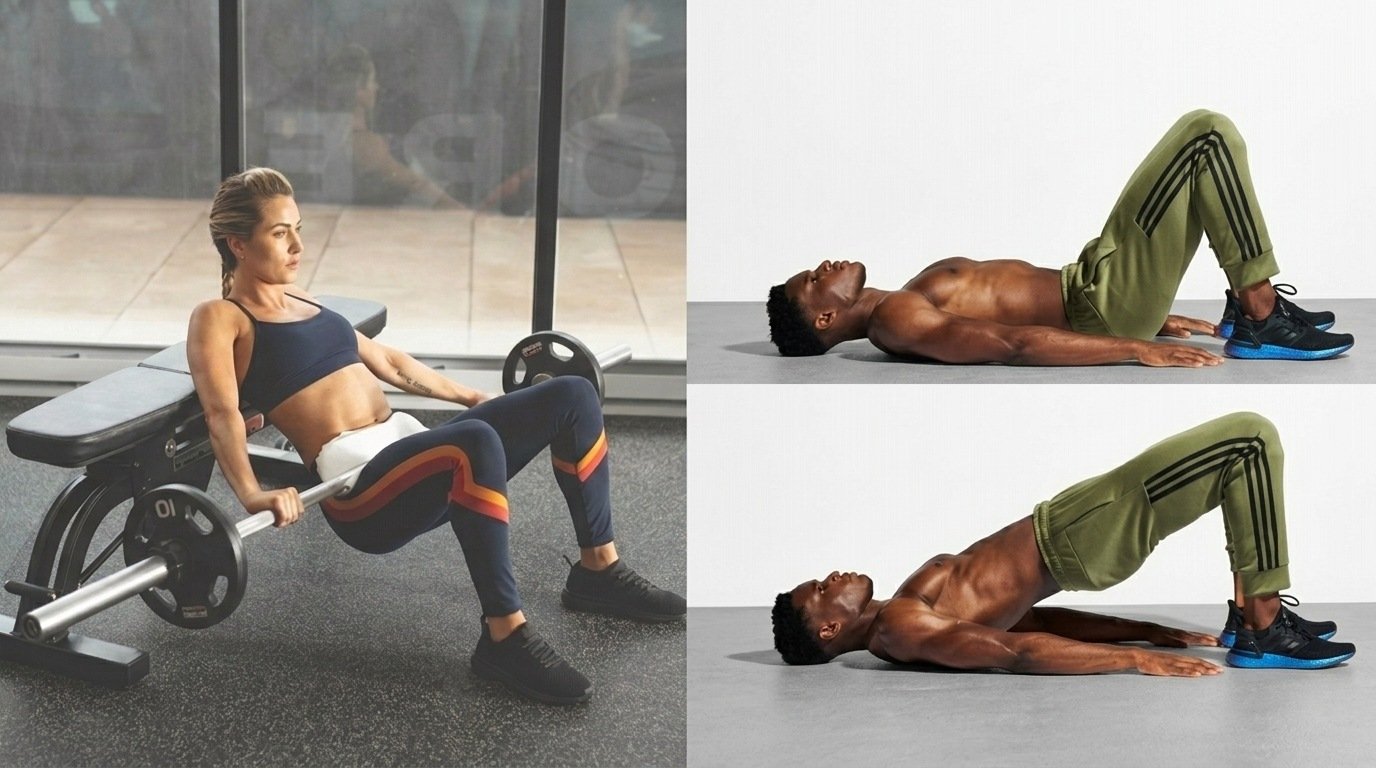 Woman doing barbell hip thrust on bench beside man doing floor glute bridge.