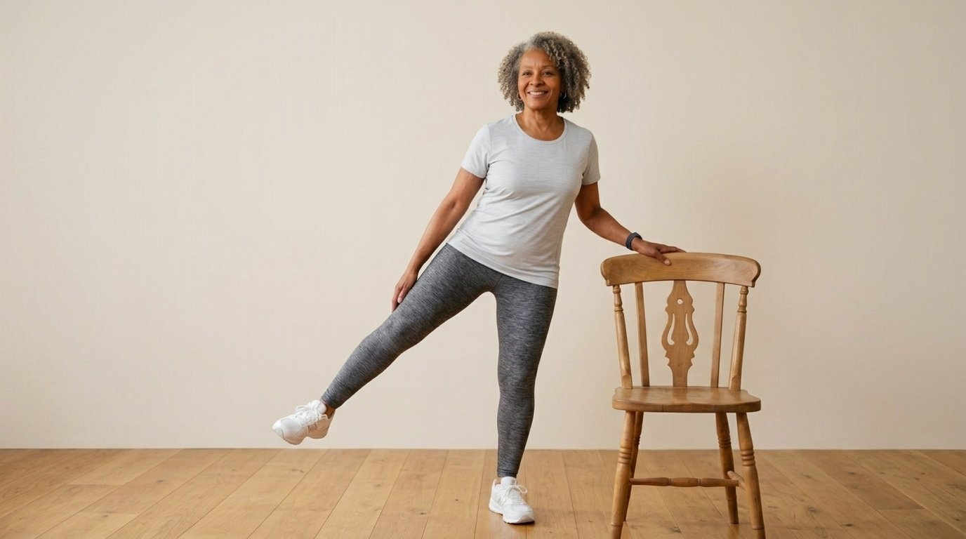 Older woman doing a standing side leg raise at home with a chair for balance support.