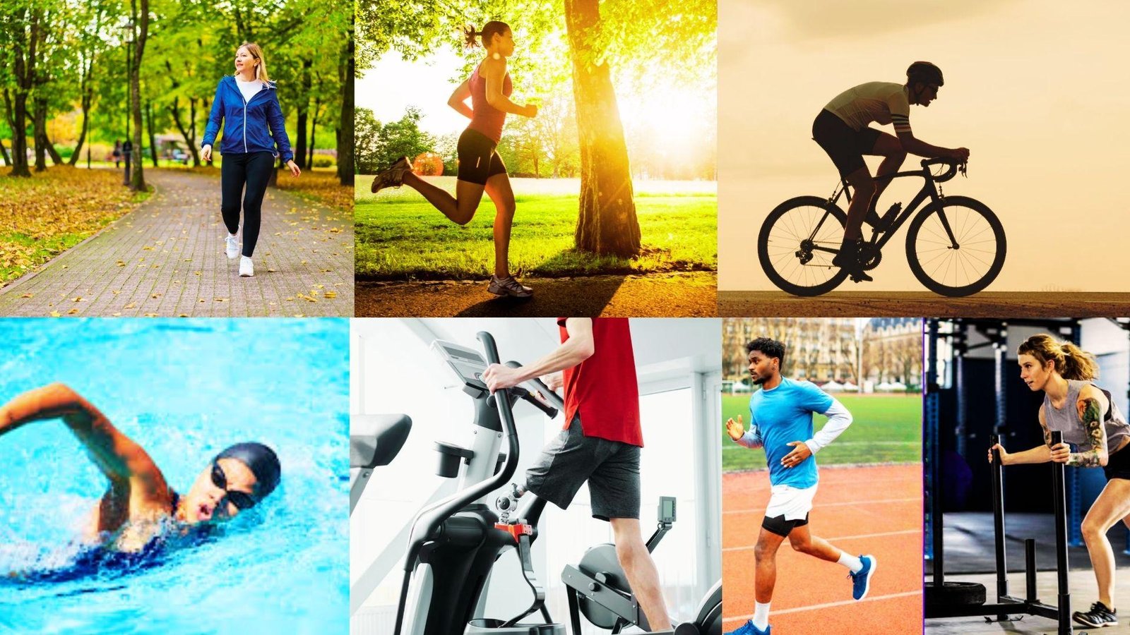 Collage of 7 cardio activities: walking, running, cycling, swimming, elliptical, track running, sled push workout.