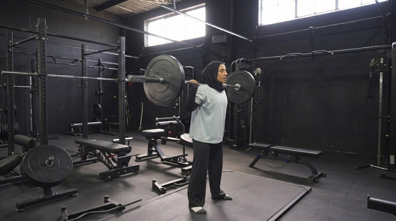 Woman in hijab holding a loaded barbell on her shoulders in a dark gym.