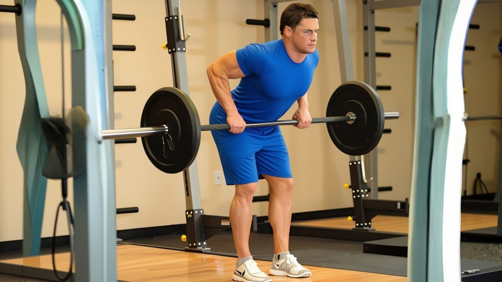 Athlete performing a barbell bent-over row with proper form to build upper back and lat strength.