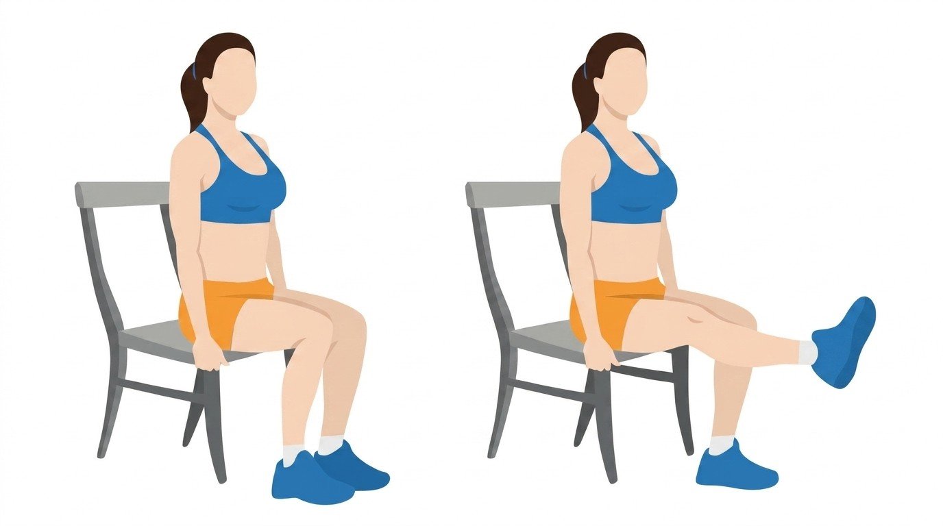 Illustration of a seated knee extension exercise, straightening one leg while sitting on a chair.