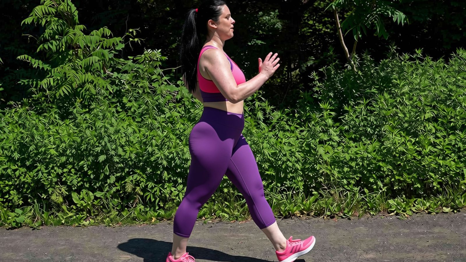 Woman brisk walking outdoors as a low-impact cardio exercise to support fat loss and overall fitness improvements.