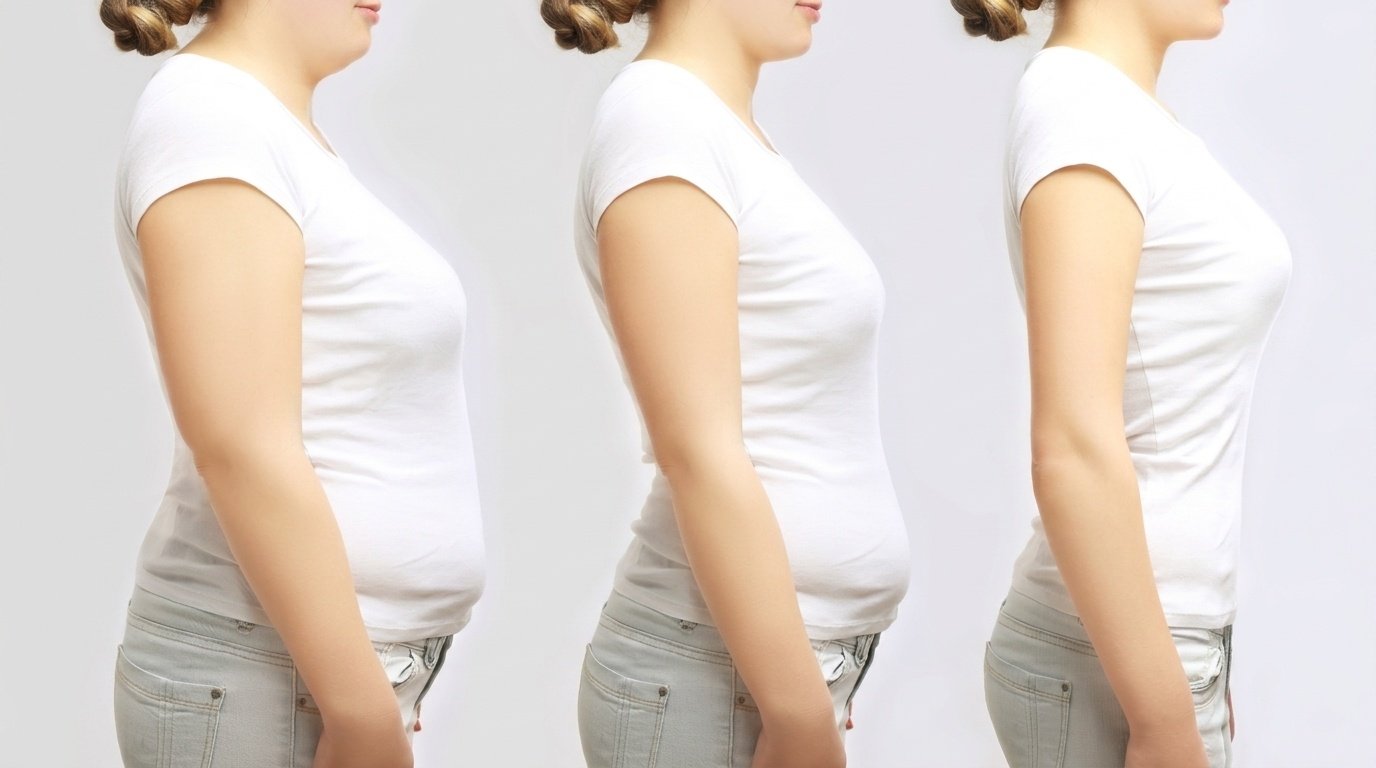 Side-profile progression of a woman's midsection showing gradual body composition changes.