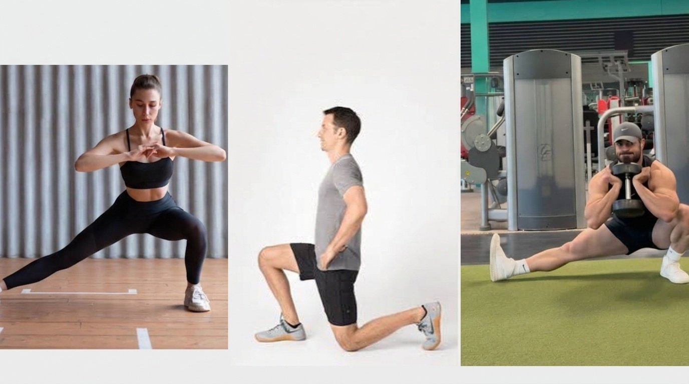 Three photos comparing a lateral lunge, a forward lunge, and a weighted lateral squat.