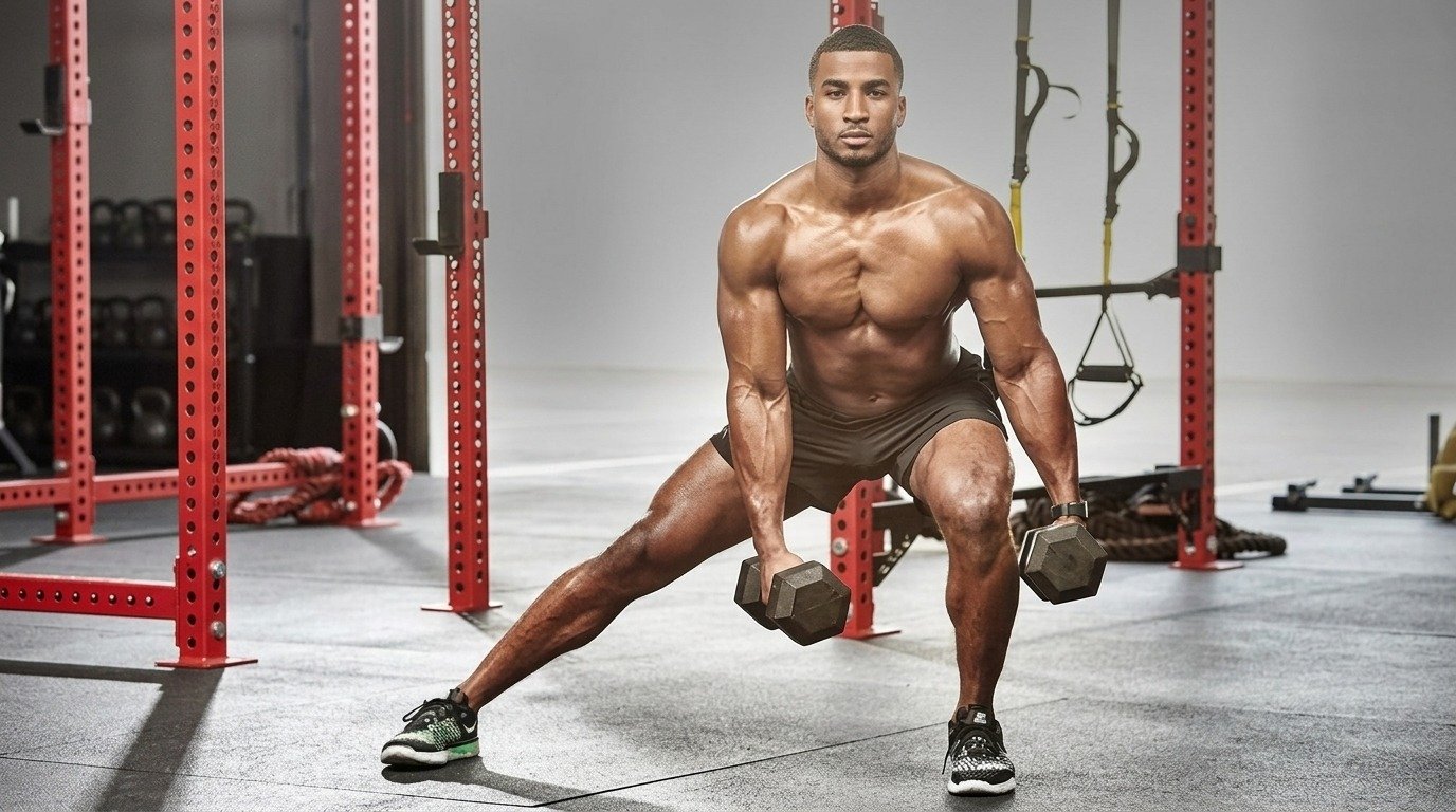 Shirtless muscular man doing a lateral lunge with dumbbells near red squat racks.