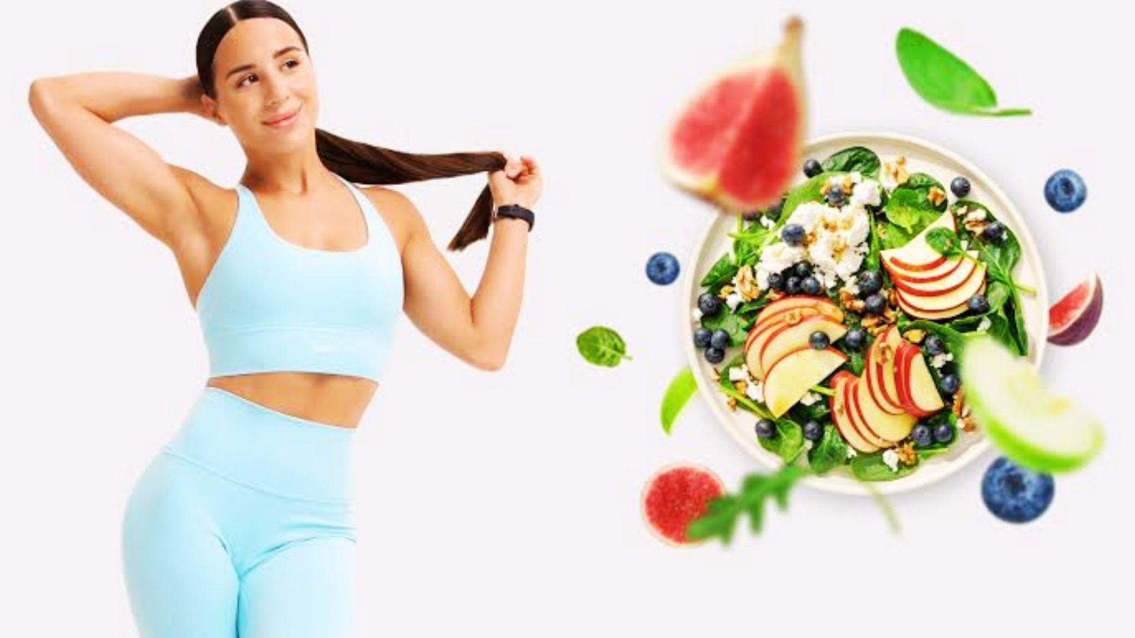 Woman in light blue activewear holding ponytail next to colorful spinach, apple, blueberry and feta salad.