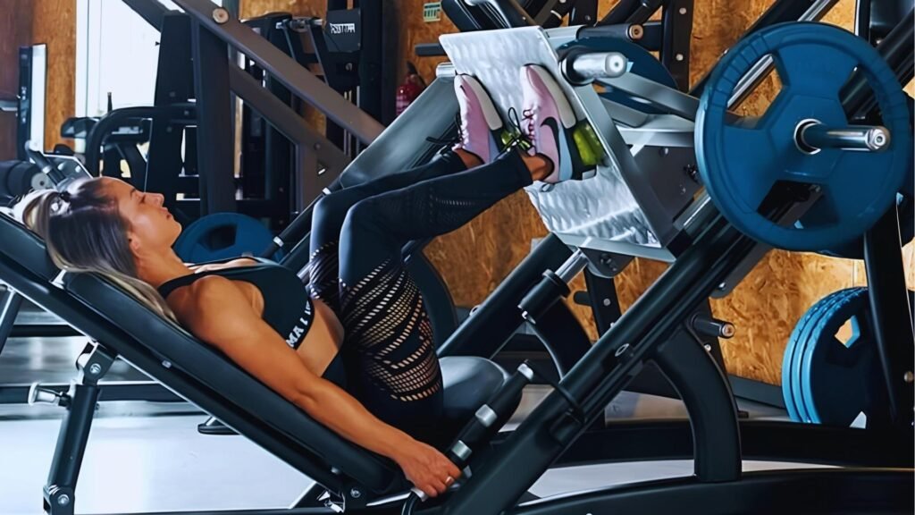Fit woman doing leg press on incline machine wearing black sports bra, quad exercise.