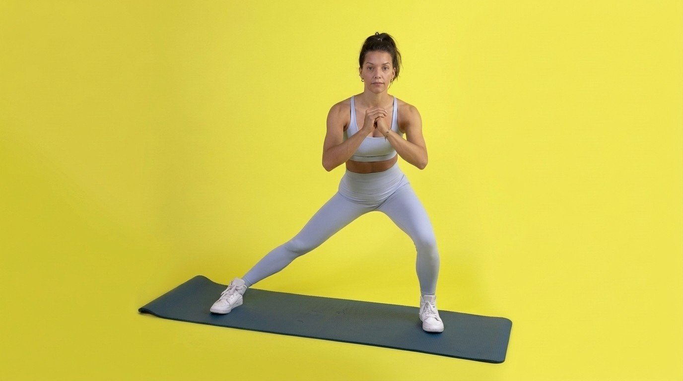 Woman in light blue workout set doing a lateral lunge on mat, yellow background.