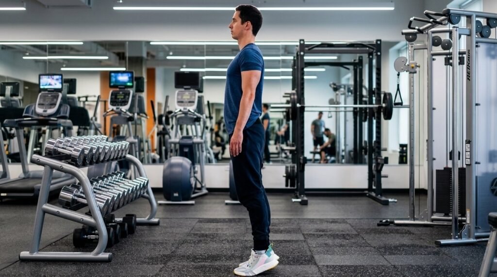Man performing standing heel lift exercise in gym for calf strengthening