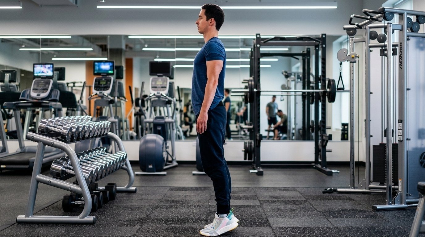 Man performing standing heel lift exercise in gym for calf strengthening