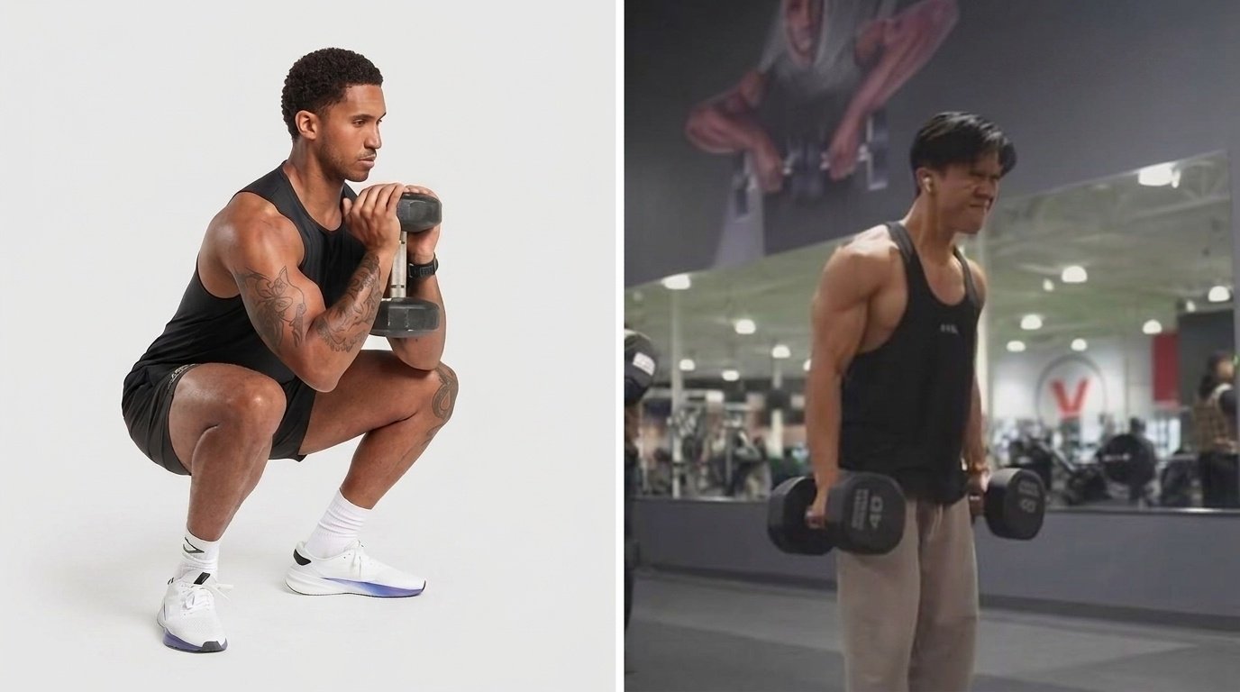 Man doing goblet squat with dumbbell beside man holding dumbbells for hammer curls.